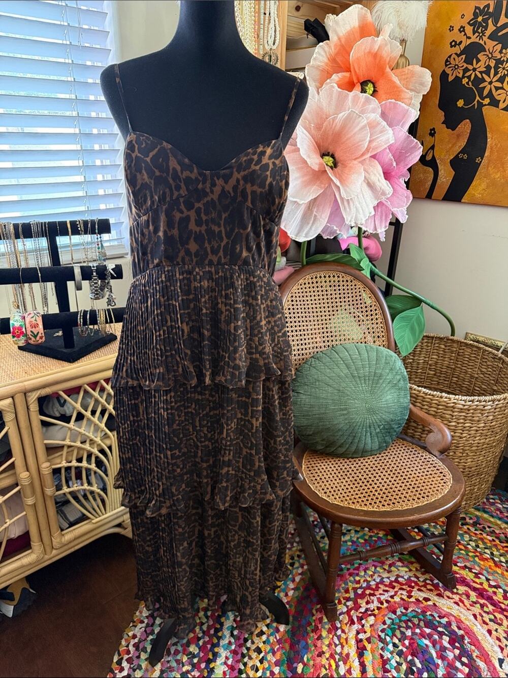 Aqua Leopard Print Pleated Tiered Timeless Chic Femme Ruffled Midi Maxi Dress